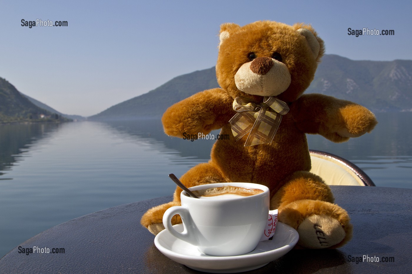 TEDDY L'OURS EN PELUCHE PRENANT SON CAFE AU BORD DU LAC DES BOUCHES DE KOTOR AU MONTENEGRO, EUROPE 