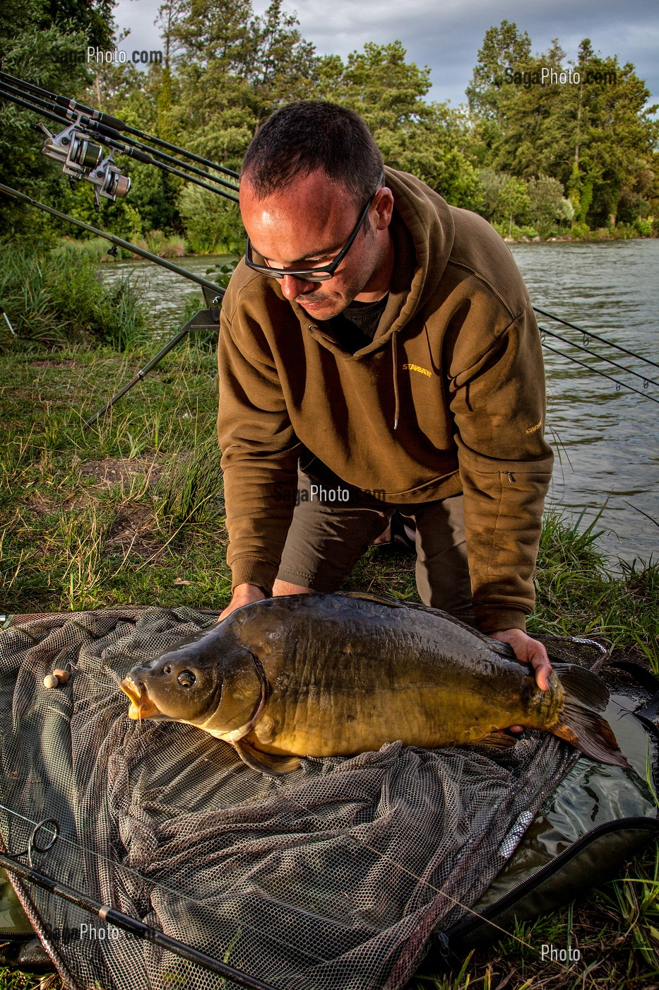 CARPE MIROIR DE 15 KILOGRAMMES, PECHE NO-KILL AVEC REMISE IMMEDIATE DES POISSONS DANS L'EAU, PLAN D'EAU DE MEZIERES-ECLUIZELLES, EURE-ET-LOIR (28), FRANCE 