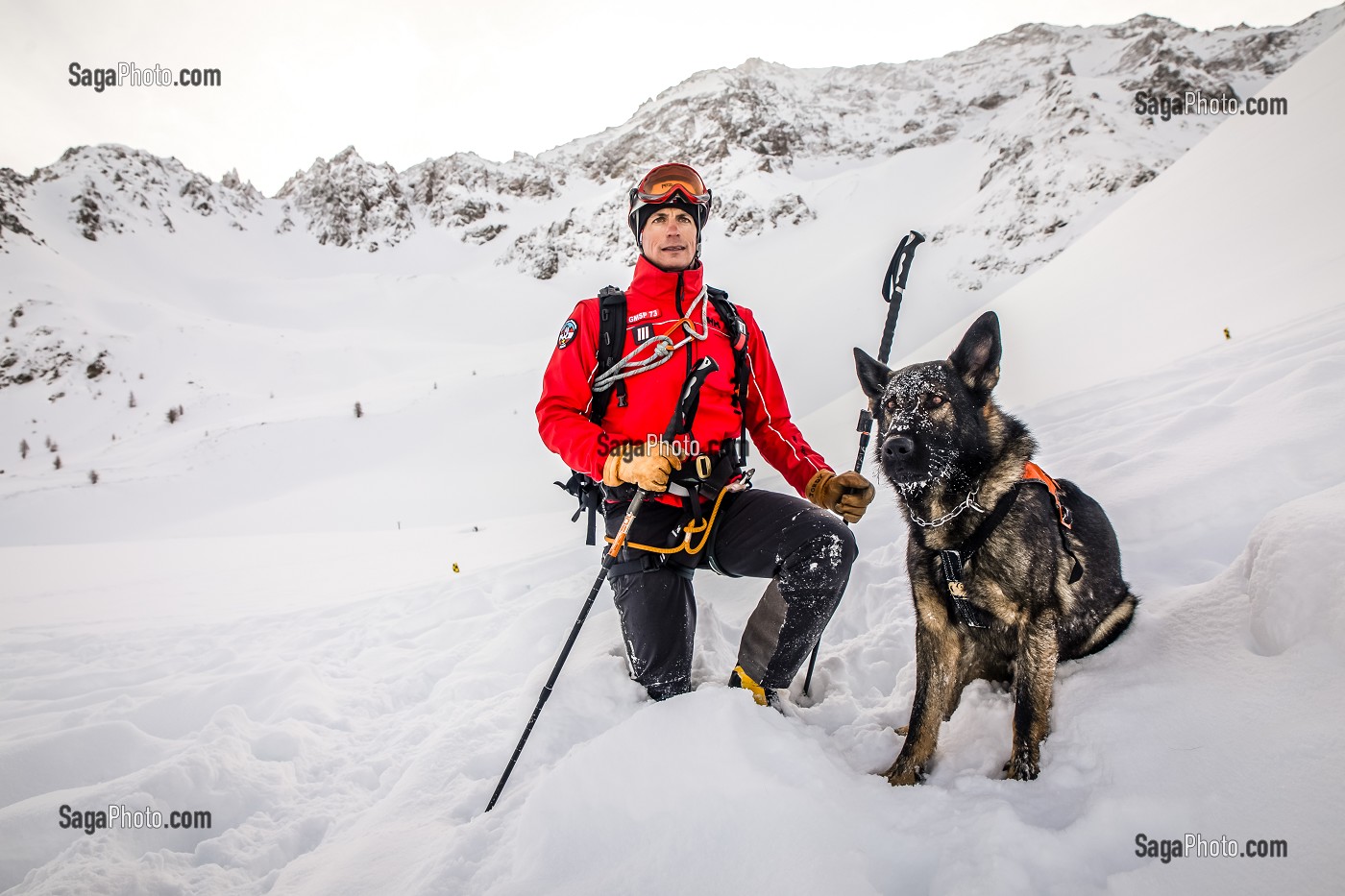 BINOME MAITRE-CHIEN D'AVALANCHE DE RECHERCHE DE VICTIME DANS UNE AVALANCHE, EXERCICE NATIONAL SAPEURS-POMPIERS DE SECOURS EN AVALANCHE, COL DU LAUTARET, HAUTES ALPES (05) 