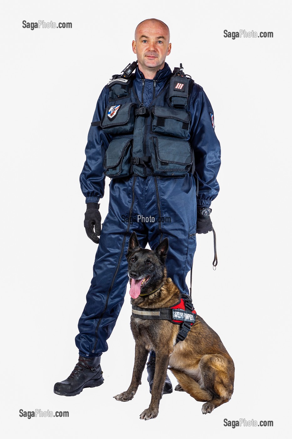 CONDUCTEUR CYNOTECHNIQUE SAPEURS-POMPIERS ET SON CHIEN, BERGER BELGE MALINOIS, TENUE DE QUESTAGE OU TENUE DE RECHERCHE DE PERSONNES EGAREES OU DISPARUES 