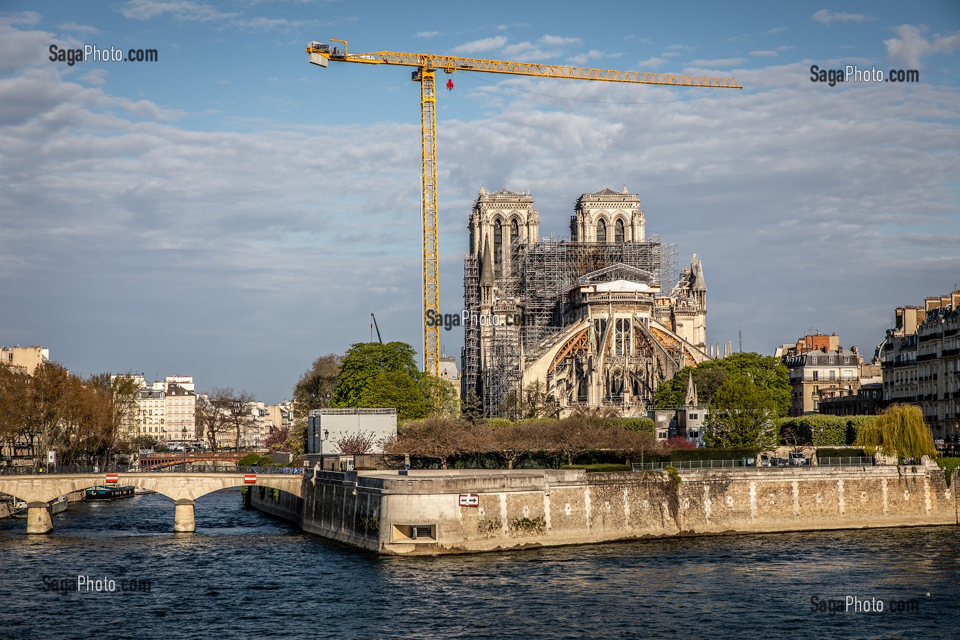 CHANTIER DE RECONSTRUCTION DE NOTRE DAME DE PARIS A L'ARRET LORS DU CONFINEMENT DE LA PANDEMIE DU COVID 19, PARIS, ILE DE FRANCE 