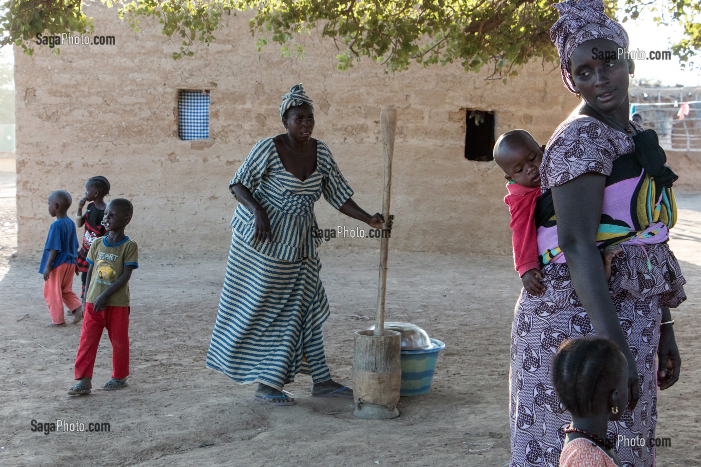 FEMMES ET ENFANTS, PILLAGE DU MIL, VILLAGE TOUCOULEUR DE DEGUEMBERE, PROVINCE DE FANAYE DIERI, SENEGAL, AFRIQUE DE L'OUEST 