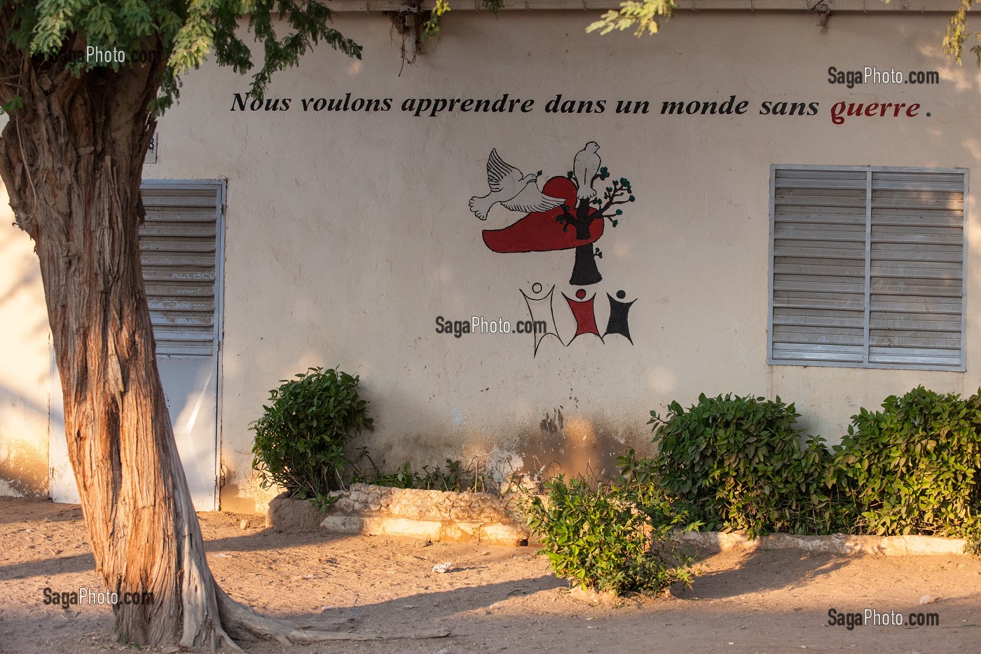 ECOLE PRIMAIRE, MESSAGE DE PAIX 'NOUS VOULONS APPRENDRE DANS UN MONDE SANS GUERRE', DAGANA, SENEGAL, AFRIQUE DE L'OUEST 