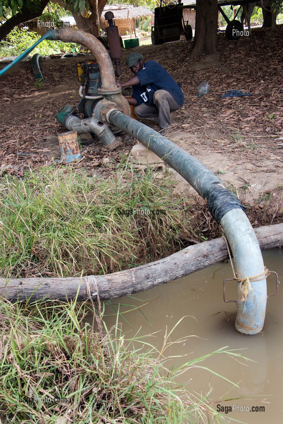 POMPE D'IRRIGATION POUR IRRIGUER LES CULTURES AUTOUR DU FLEUVE, VILLAGE DE GOUMEL, SENEGAL, AFRIQUE DE L'OUEST 