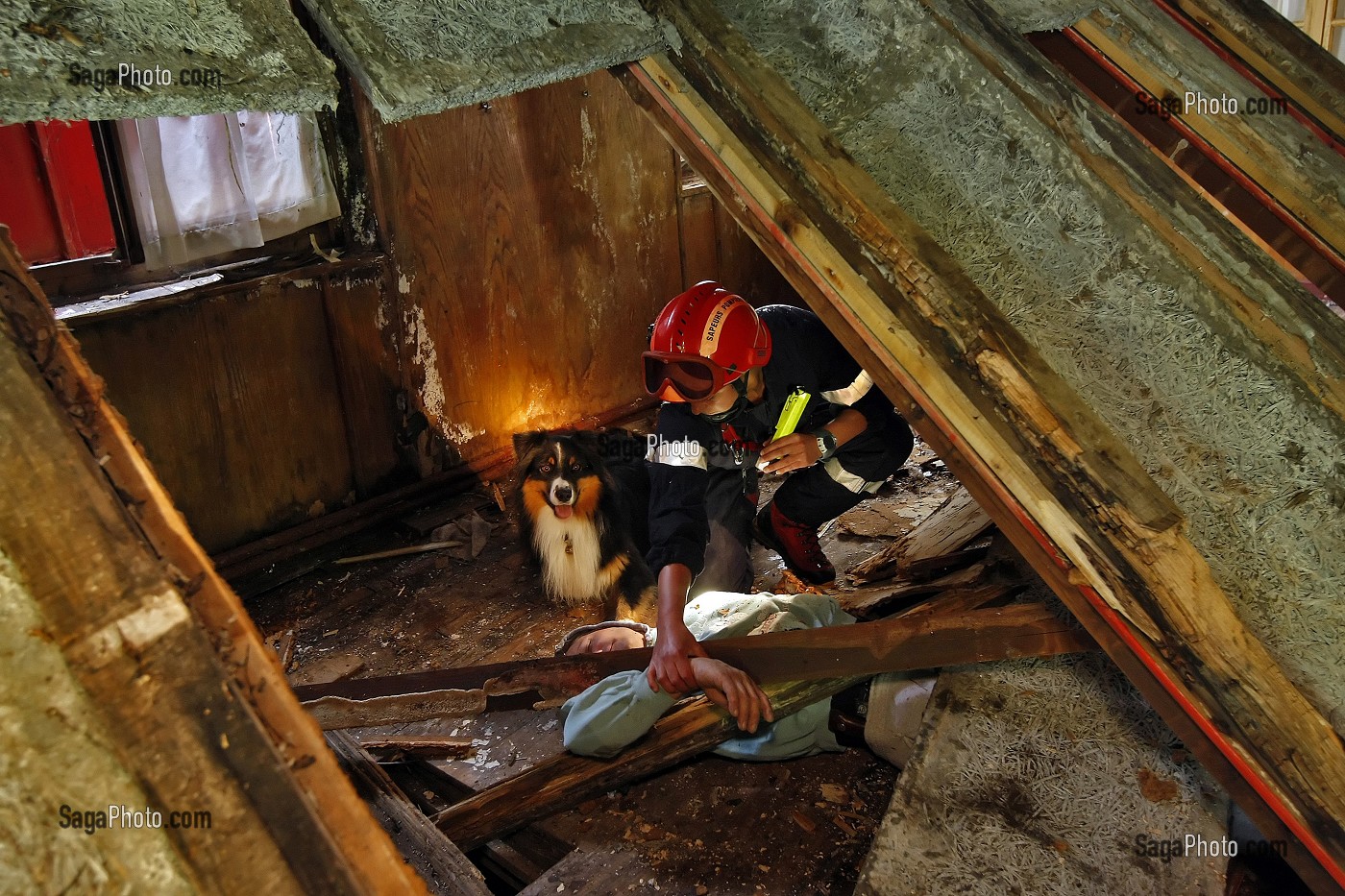 LOCALISATION D'UNE PERSONNE PAR LE BINOME CYNOPHILE RETENUE PRISONNIERE DE DECOMBRES PAR SUITE D'UN EFFONDREMENT PARTIEL, ENTRAINEMENT DU GROUPE DE SAUVETAGE DEBLAIEMENT DES SAPEURS-POMPIERS, ABONDANCE, HAUTE-SAVOIE (74), FRANCE 