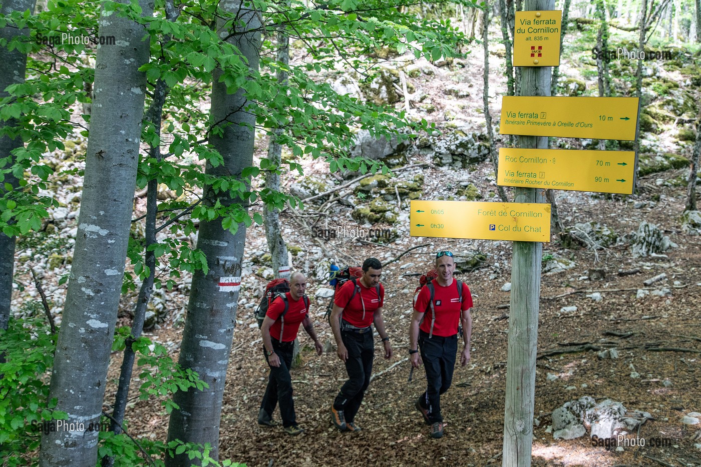MARCHE D'APPROCHE POUR UNE INTERVENTION DE L'EQUIPE DE SECOURS EN MONTAGNE POUR UNE CHUTE SUR LA VIA FERRATA DU ROCHER DU CORNILLON AU DESSUS DU LAC DU BOURGET, LA CHAPELLE DU MONT-DU-CHAT (73), FRANCE 
