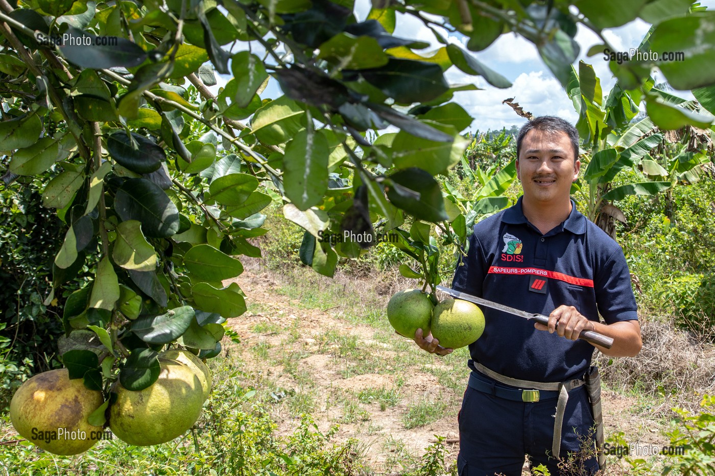 SAPEUR-POMPIER VOLONTAIRE HMONG, AGRICULTEUR DANS SON CHAMP D'AGRUMES, CENTRE DE SECOURS DE CACAO, GUYANE FRANCAISE, DEPARTEMENT-REGION D'OUTRE-MER, AMERIQUE DU SUD, FRANCE 