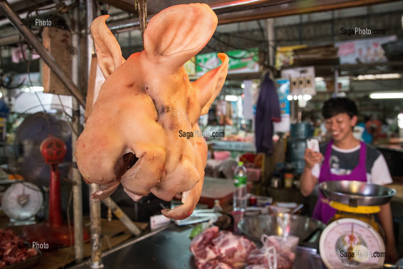 ETAL DU BOUCHER AVEC LES TETES DE COCHONS, MARCHE DE BANG SAPHAN, THAILANDE, ASIE 