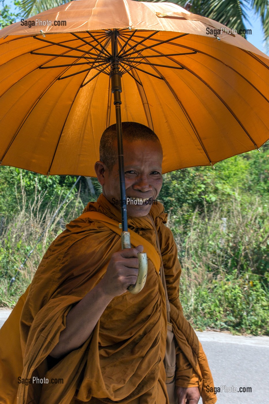 MOINES BOUDDHISTES PROTEGES DU SOLEIL PAR LEURS OMBRELLES, BANG SAPHAN, THAILANDE, ASIE 