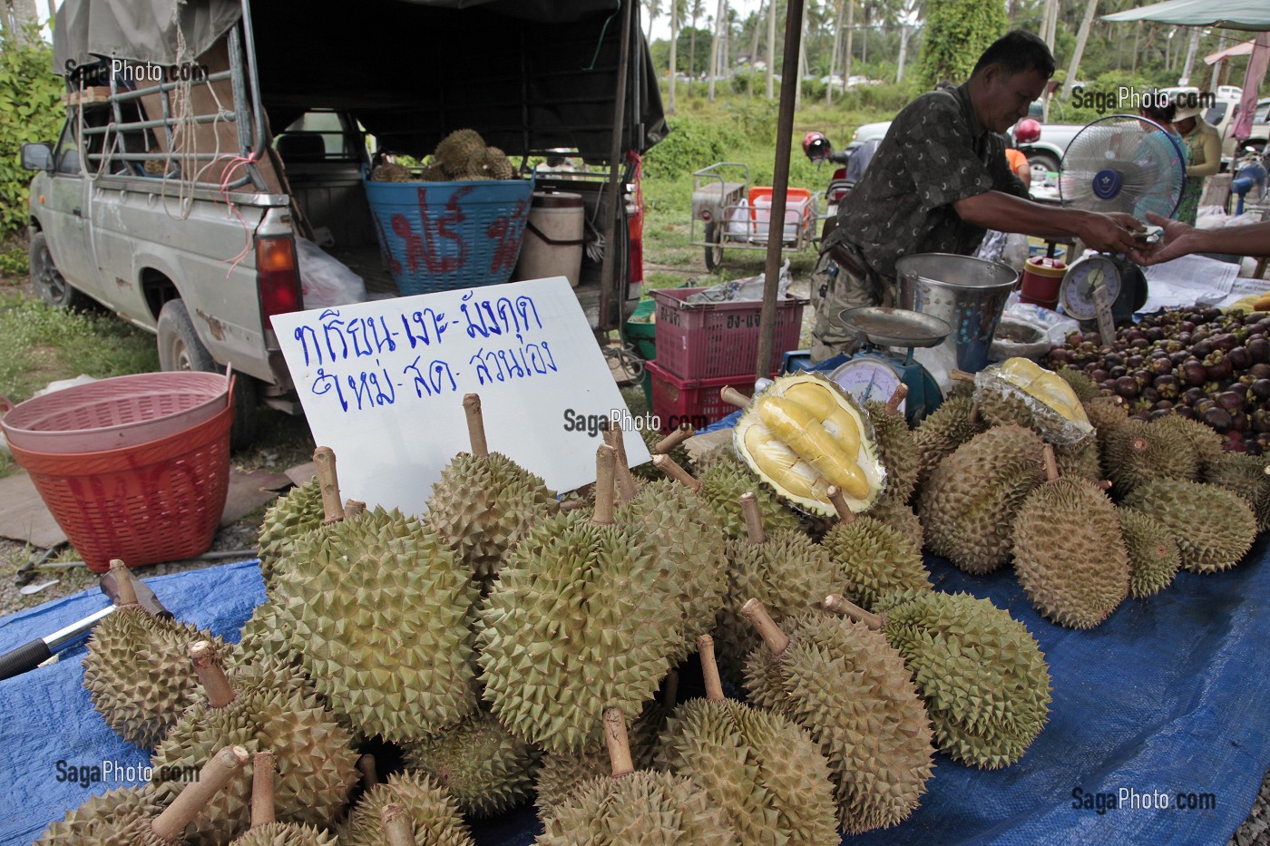 VENTE DE DURIANS, FRUITS TROPICAUX A L'ODEUR TRES PUISSANTE, MARCHE DE BAN SAPHAN, THAILANDE, ASIE 