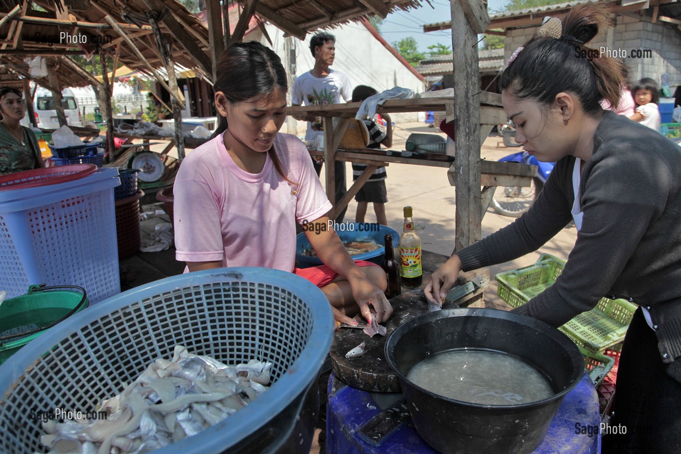 FEMMES PREPARANT LES POISSONS, REGION DE BANG SAPHAN, THAILANDE 