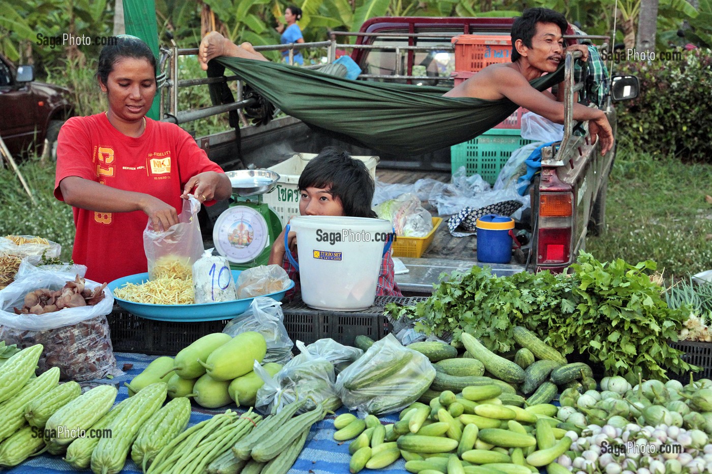 L'HOMME AU REPOS ET LA FEMME AU TRAVAIL, COMMERCE ALIMENTAIRE DE LEGUMES, MARCHE DE NUIT, BANG SAPHAN, THAILANDE, ASIE 