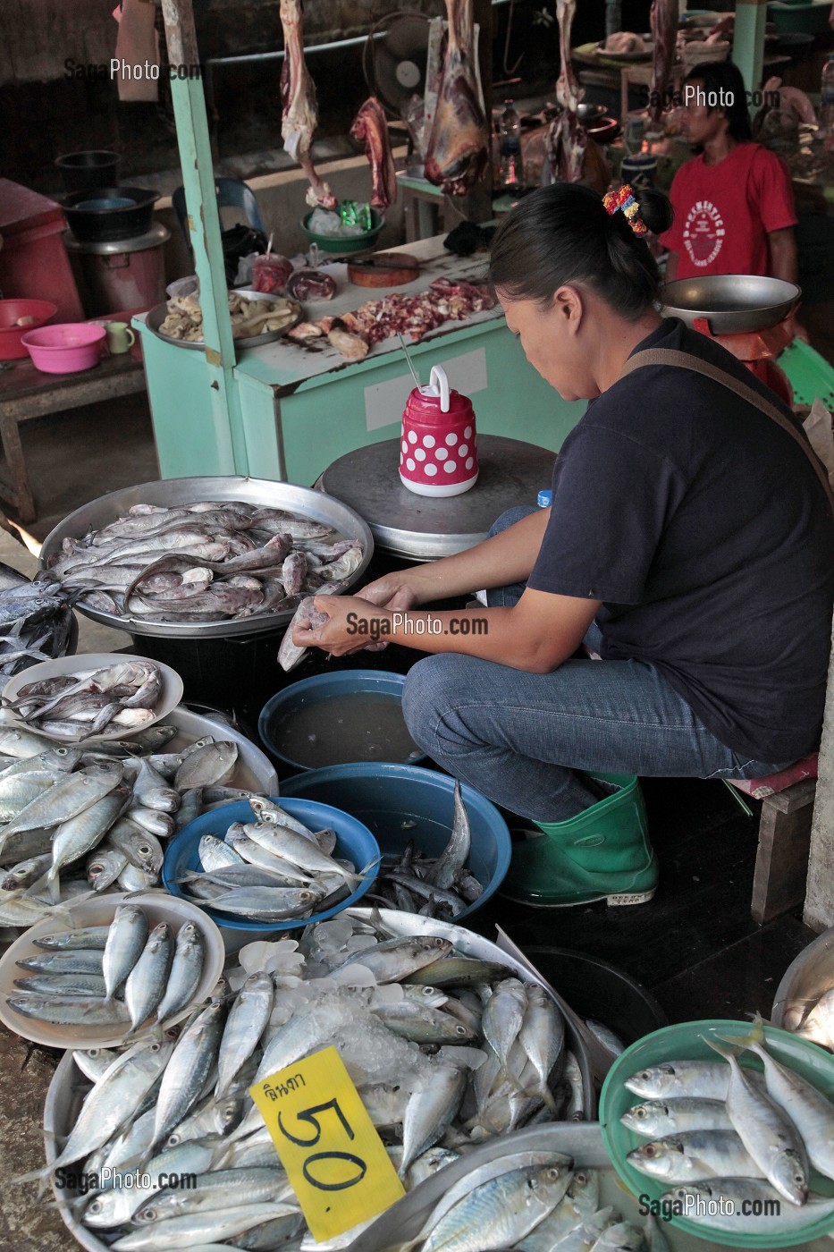 VENDEUSE DE POISSONS FRAIS, MARCHE DE BANG SAPHAN, THAILANDE, ASIE 