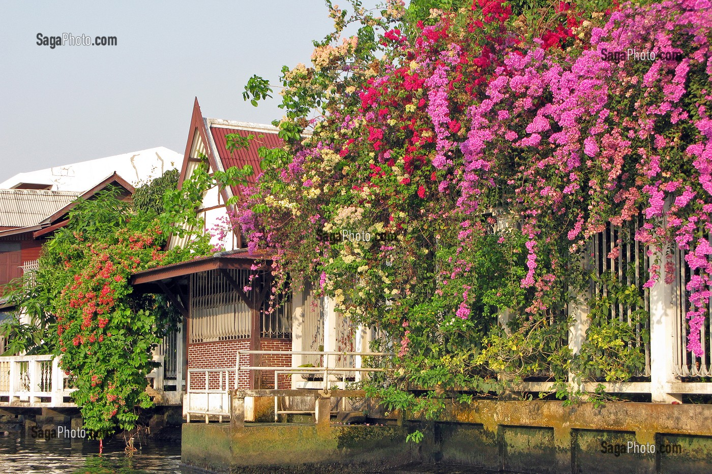 MAISON SUR PILOTIS FLEURI AU BORD DES KLONGS, PETITS CANAUX, BANGKOK, THAILANDE 