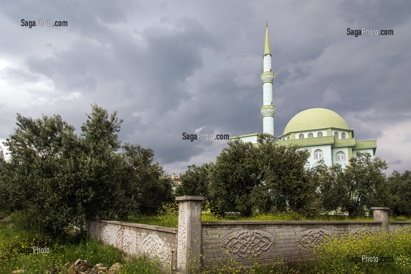 MOSQUEE VERT OLIVE DU VILLAGE DE ZEYTINLI VEUT DIRE OLIVIER EN TURC, RIVIERA DES OLIVIERS, NORD D’IZMIR, TURQUIE 