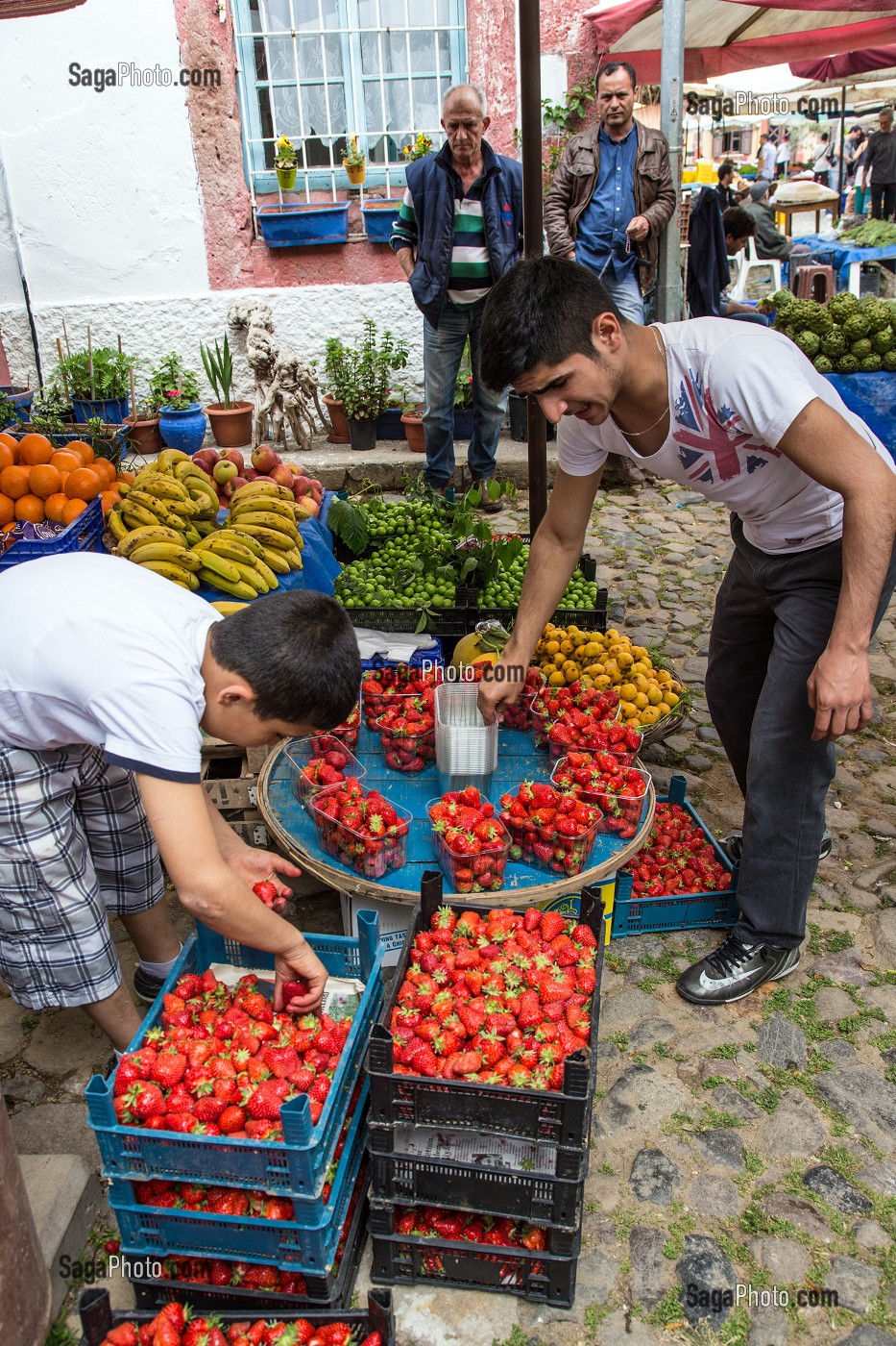 ETALAGE DE FRUITS ET FRAISES, MARCHE ALIMENTAIRE DE NAMIK KEMAL, CUNDA ALIBEY, RIVIERA DES OLIVIERS, NORD D’IZMIR, TURQUIE 