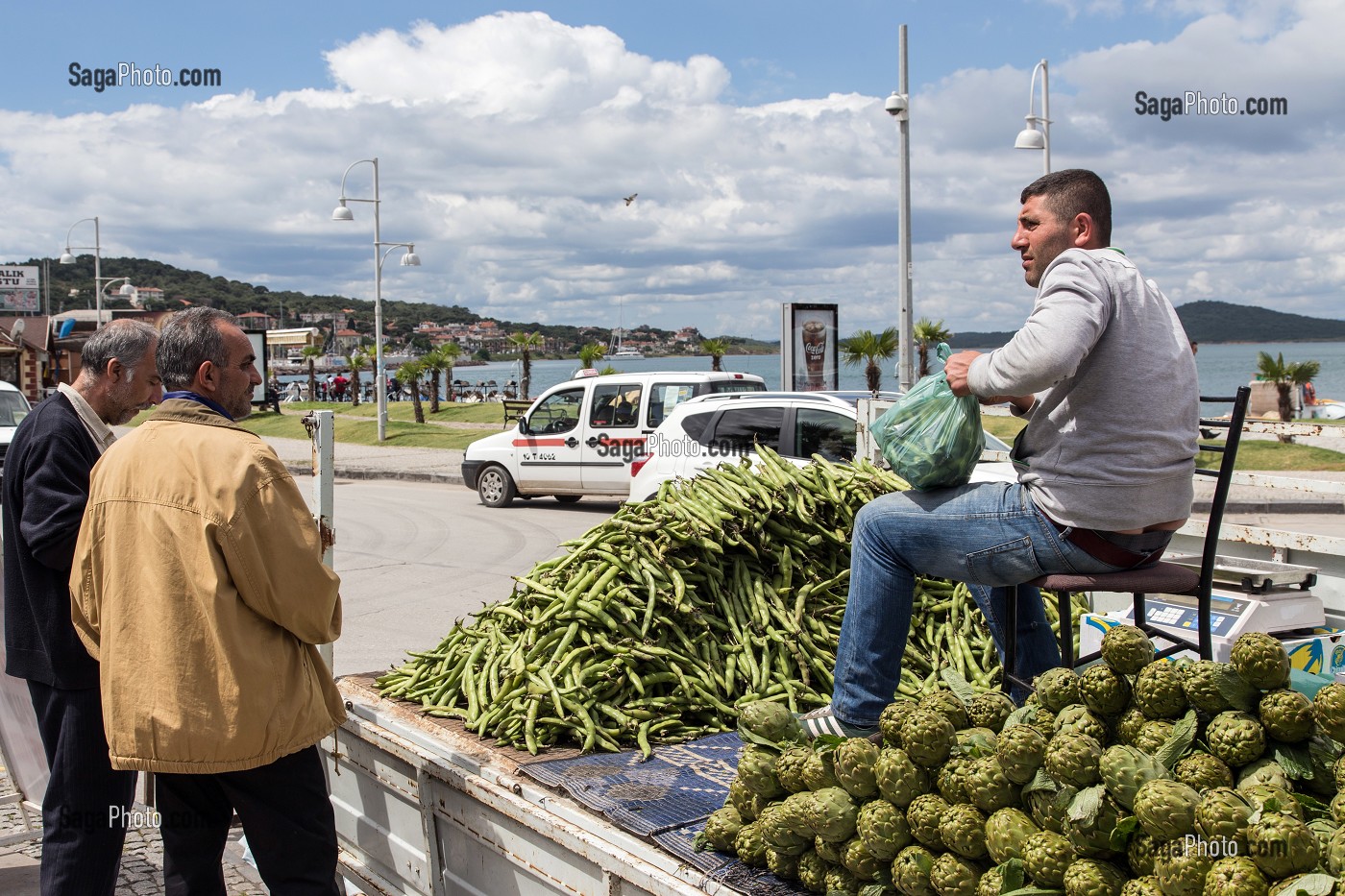 VENDEUR D'ARTICHAUTS SUR SON CAMION, BOULEVARD ATALUK, VILLAGE D’AYVALIK SUR LES BORDS DE LA MER EGEE, RIVIERA DES OLIVIERS, NORD D’IZMIR, TURQUIE 