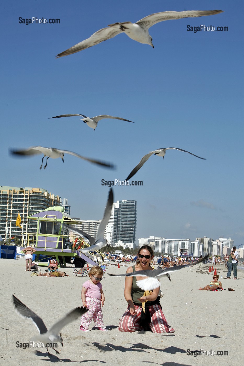 MERE ET SA FILLE DONNE DE LA NOURRITURE AUX MOUETTES, MIAMI BEACH, SOUTH BEACH, FLORIDE, FLORIDA, ETATS-UNIS, USA 