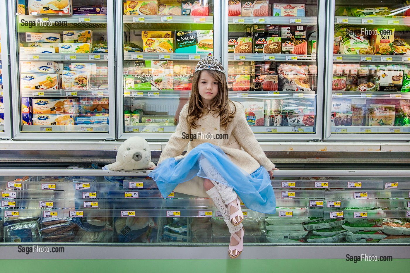 LA REINE DES NEIGES, PRINCESSE, CONTES MODERNES, DANS LE RAYON DES SURGELES D'UN SUPERMARCHE 