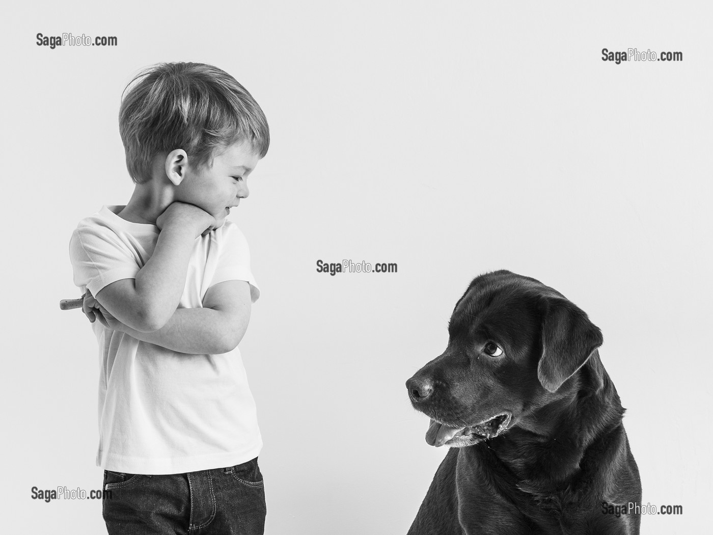 ENFANT REGARDANT SON CHIEN, LABRADOR NOIR EN STUDIO 