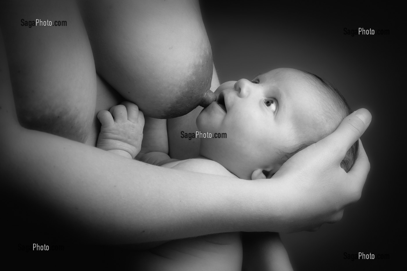 ALLAITEMENT AUX SEINS DU NOUVEAU-NE, MAMAN NUE ET SON BEBE, PORTRAIT EN STUDIO 