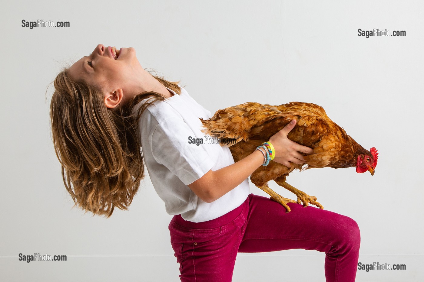 FILLE ET SA POULE, ENFANT ET SON ANIMAL DE COMPAGNIE, PORTRAIT EN STUDIO 