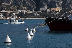BATEAU DE PECHEUR SORTANT DE LA MARINA DE MENTON, ALPES-MARITIMES (06), FRANCE 