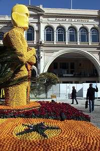 TROPHEE DES OSCARS D'HOLLYWOOD DEVANT LE PALAIS DE L'EUROPE, EXPOSITION DE MOTIFS GEANTS EN AGRUMES SUR LE THEME DU CINEMA, FETE DU CITRON, JARDIN BIOVES, MENTON, ALPES-MARITIMES (06), FRANCE 