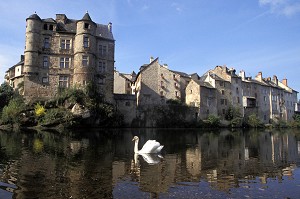 CYGNE DEVANT LE CHATEAU D'ESPALION, CHEMIN DE COMPOSTELLE, AVEYRON (12), FRANCE 