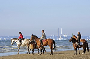 BALADE A CHEVAL SUR LA PLAGE, CENTRE EQUESTRE, ECOLE D'EQUITATION DES LAIS DE MER, DEAUVILLE, CALVADOS (14), NORMANDIE, FRANCE 