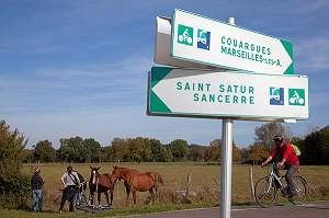 CYCLISTES ENTRE AMIS EN BALADE DEVANT DES CHEVAUX AU PRE, MENETREOL-SOUS-SANCERRE, PANNEAU DE SIGNALISATION DE L'ITINERAIRE DE LA LOIRE A VELO, CHER (18), FRANCE 