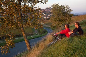 CYCLISTES ASSIS AU BORD DE LA ROUTE PRES DES VIGNES ET DU VILLAGE DE SANCERRE, ITINERAIRE DE LA LOIRE A VELO, CHER (18), FRANCE 