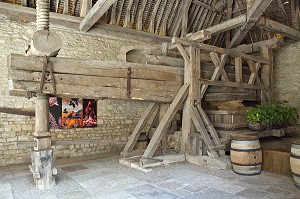 LE PRESSOIR A RAISIN DANS LA CUVERIE, CHATEAU DU CLOS VOUGEOT ET SIEGE DE LA CONFRERIE DES CHEVALIERS DU TASTEVIN, ROUTE DES GRANDS CRUS DES VINS DE BOURGOGNE, VOUGEOT, COTE D'OR (21), FRANCE