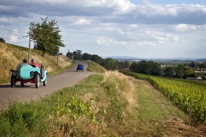 OLD CARS, THE GREAT BURGUNDY WINE ROAD, MONTHELIE, FRANCE VIEILLES VOITURES DE COLLECTION SUR LA ROUTE D23 DEVANT LES VIGNES DE MONTHELIE, ROUTE DES GRANDS CRUS DE BOURGOGNE, COTE D’OR (21), FRANCE 