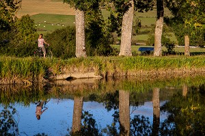 CYCLISTE SE PROMENANT SUR LE CHEMIN DE HALAGE, CANAL DE BOURGOGNE, VANDENESSE-EN-AUXOIS, COTE D’OR (21), BOURGOGNE, FRANCE 