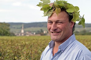 THIEBAULT HUBER, EXPLOITANT VITICULTEUR DU DOMAINE HUBER-VERDEREAU, DANS LES VIGNES DU CLOS DU COLOMBIER, PROPRIETE VITICOLE DE POMMARD, COTE D'OR (21), BOURGOGNE, FRANCE 