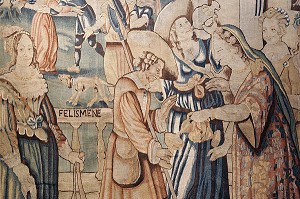 DETAIL DE LA NYMPHE FELICIE ET LES BERGERS, XVII SIECLE, MUSEE DEPARTEMENTAL DE LA TAPISSERIE, MAISON DU TAPISSIER, AUBUSSON 