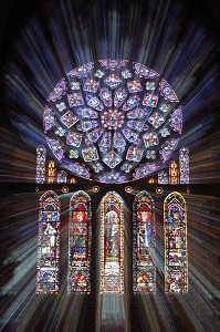 VITRAUX DE LA ROSE NORD, GLORIFICATION DE LA VIERGE ET LES 5 LANCETTES AVEC LES PERSONNAGES DE L'ANCIEN TESTAMENT ET LE ROI DAVID, CATHEDRALE DE CHARTRES, EURE-ET-LOIR (28), FRANCE 