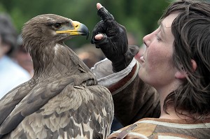 AIGLE DES STEPPES, SPECTACLE DE FAUCONNERIE ET VOL DE RAPACES, CEREMONIE POUR LE RETOUR DE LA DEPOUILLE DE DIANE DE POITIERS A LA CHAPELLE SEPULCRALE DU CHATEAU D'ANET, 29 MAI 2010, EURE-ET-LOIR (28), FRANCE 