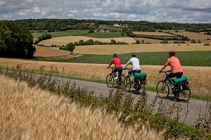 CYCLOTOURISTES SUR UNE ROUTE DE CAMPAGNE DANS LE PERCHE, EURE-ET-LOIR (28), FRANCE 
