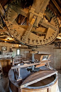 ROUE SERVANT A ECRASER LES GRAINS DE BLE ET A PRODUIRE LA FARINE, INTERIEUR DU MOULIN A VENT EN PIERRE DE FROUVILLE-PENSIER, OZOIR-LE-BREUIL, EURE-ET-LOIR (28), FRANCE 