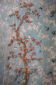 DETAIL DES PAPIERS PEINTS CHINOIS DATES DU 18EME SIECLE, SALON CHINOIS, CHATEAU DE MAINTENON, EURE-ET-LOIR (28), FRANCE 
