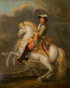 LOUIS XIV (1638-1715), ROI DE FRANCE, A CHEVAL, AU COURS DU SIEGE DE BESANCON, TABLEAU DE L'ATELIER DE RENE-ANTOINE HOUASSE (1645-1710), CHAMBRE DE MADAME DE MAINTENON, CHATEAU DE MAINTENON, EURE-ET-LOIR (28), FRANCE 