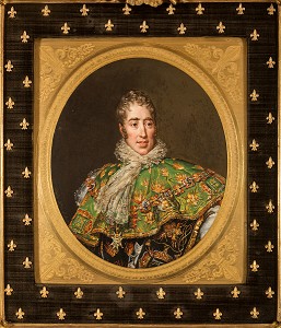 COMTE D'ARTOIS (1757-1836), FUTUR CHARLES X DIT LE BIEN-AIME, ROI DE FRANCE ET DE NAVARRE, PLAQUE EN PORCELAINE DE SEVRES PEINTE PAR DUFEY EN 1817, CHAMBRE DE MADAME DE MAINTENON, CHATEAU DE MAINTENON, EURE-ET-LOIR (28), FRANCE 