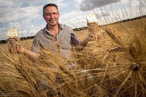 PHILIPPE GOURCI DANS SON CHAMPS DE BLE, PRODUCTEUR DE PATES ALIMENTAIRES LABELLISEES TERRES D'EURE-ET-LOIR, SAINT-MAXIME-HAUTERIVE (28), FRANCE 