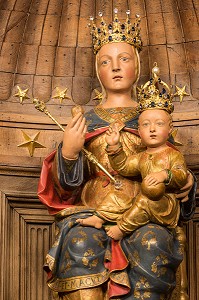 NOTRE-DAME DU PILIER, STATUE POLYCHROME EN BOIS DE POIRIER DU 16 EME SIECLE COURONNEE EN 1855 (APPELEE VIERGE NOIRE AVANT SA RESTAURATION), CATHEDRALE DE CHARTRES, EURE-ET-LOIR (28), FRANCE 