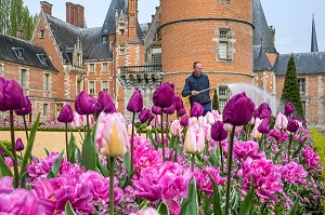 JARDINIER, ARROSAGE DES TULIPES DU PRINTEMPS, JARDINS A LA FRANCAISE REALISES EN 2013 SUIVANT LES PLANS D'EPOQUE D'ANDRE LE NOTRE COMMANDE PAR LOUIS XIV POUR FRANCOISE D'AUBIGNE, CHATEAU DE MAINTENON, EURE-ET-LOIR (28), FRANCE 