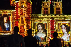 SPECTACLE SONS ET LUMIERE 'MADAME DE MAINTENON OU L'OMBRE DU SOLEIL', EVOQUANT L'HISTOIRE DE L'EPOUSE SECRETE DU ROI LOUIS XIV, SCENOGRAPHIE DE XAVIER DE RICHEMOND, CHATEAU DE MAINTENON, EURE-ET-LOIR (28), FRANCE 