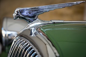 MOTIF ORNEMENTAL DE HAUT DE CALANDRE, MASCOTTE DE LA FEMME DANS LE VENT, 80 ANS DE LA TRACTION AVANT, VOITURE DE LEGENDE DANS LE PARC DU CHATEAU SAINT-SIMON, LA FERTE-VIDAME, EURE-ET-LOIR (28), FRANCE 