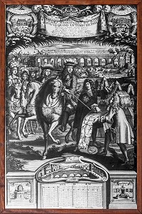 ALMANACH DE 1688 REPRESENTANT LE ROI LOUIS XIV DEVANT LE CHANTIER DE L'AQUEDUC ROYAL DE MAINTENON QUI DOIT  ALIMENTER EN EAU LES FONTAINES DE VERSAILLES, CHATEAU DE MAINTENON, EURE-ET-LOIR (28), FRANCE 